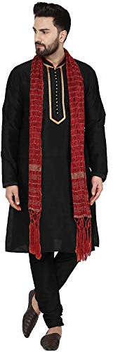 SKAVIJ Uomo Tunica Abbigliamento Etnico Tunica Kurta Pigiama, e Sciarpa Set Nero_S