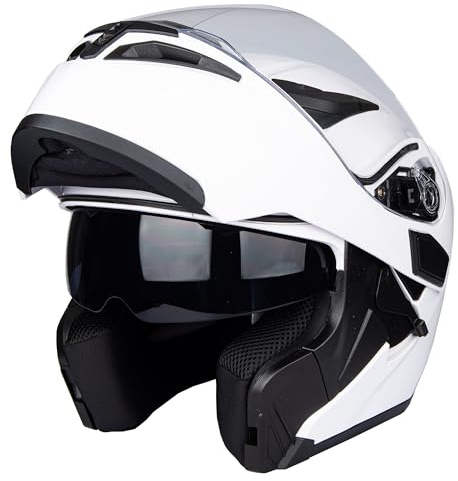 Flip-Up Motorcycle Helmet Dual Visor Sun Shield Flip up Modular Motocross DOT Approved Helmets (Large, White)
