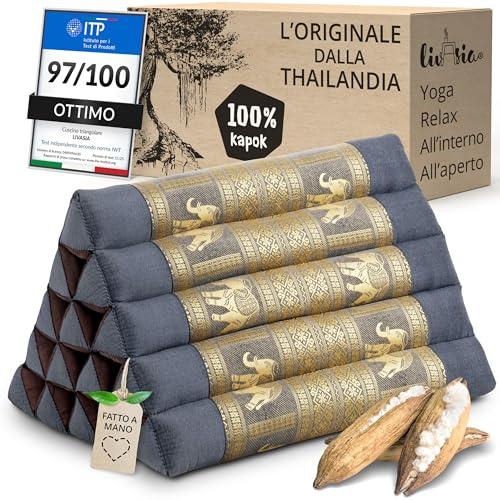 livasia Cuscino Alto con Seta thailandese - 38x55x35cm - Cuscino Triangolare da Giardino/Balcone, Cuscino a Cuneo con kapok, Cuscino per Le Gambe, Fatto a Mano (Grigio/Elefanti Seta)