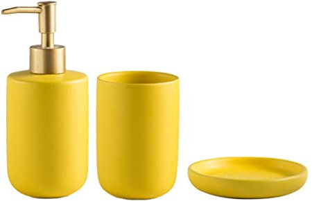 Ensemble d'accessoires de salle de bain de luxe en céramique - Distributeur de savon/lotion, gobelet à brosse à dents, porte-savon pour maison, hôtel, salle de bain (jaune)