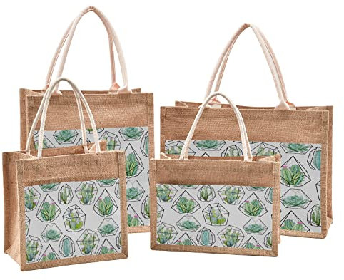 Mnsruu Green Plant Cactus Golden Lines Jute Tote Bags Women Grocery Shopping Bags with Handles for Outdoor Travel 9.8 x 9.8 x 7.1 inches