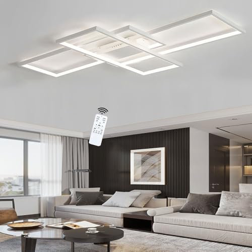 LIUYU Lampara Salon Techo LED Moderna Blanco, Regulable Plafón de Aluminio Rectangular 90W 8600LM, 3000K-6000K con Mando a Distancia, 140x80cm para Salón Dormitorio y Cocina