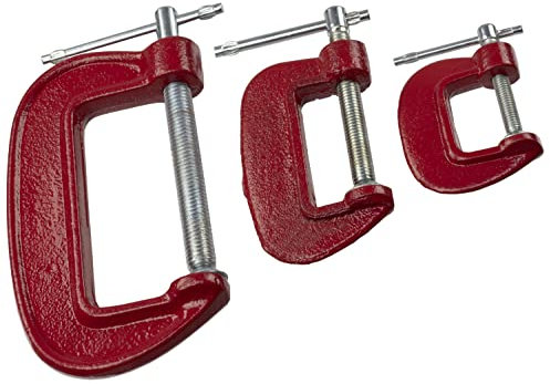 AERZETIX - C59547 - Juego de 3 Sargentos en forma ''G'' 25, 41, 75mm - en acero - color rojo - carpintero montaje tornillo de banco sujeción fijación pegar trabajos de construcción