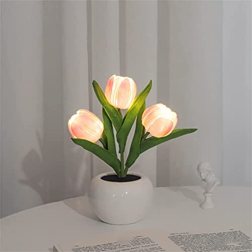 EdirFtra Luce Notturna del Vaso del Tulipano di Simulazione Principale, Lampada da Tavolo alimentata USB, Decorazione della Lampada da Tavolo del Vaso di Simulazione,Rosa