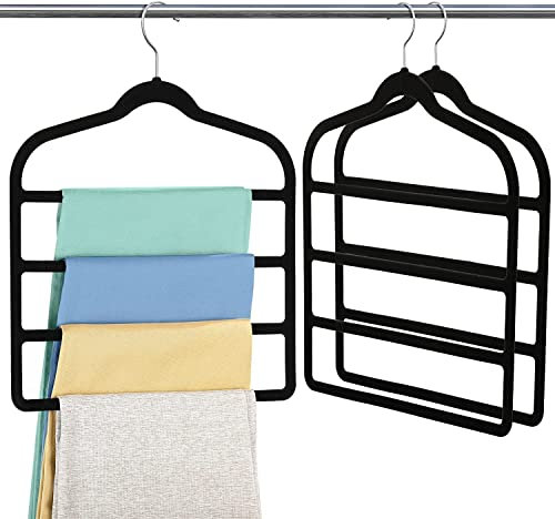 3 Pack Velvet Trouser Hangers - Space Saving, Non Slip for Jeans, Trousers, Leggings, Tie, Scarf and Towel - Multi Layer Pants Hanger for Clothes