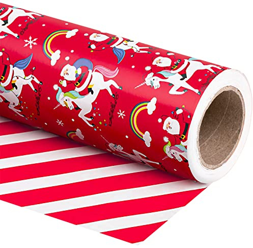 RUSPEPA Papel De Regalo Navidad Reversible - Mini Rollo - 43,2 Cm X 10 M - Papá Noel Rojo Y Unicornio, Diseño De Rayas Rojas Y Blancas Para Vacaciones, Fiestas, Celebraciones