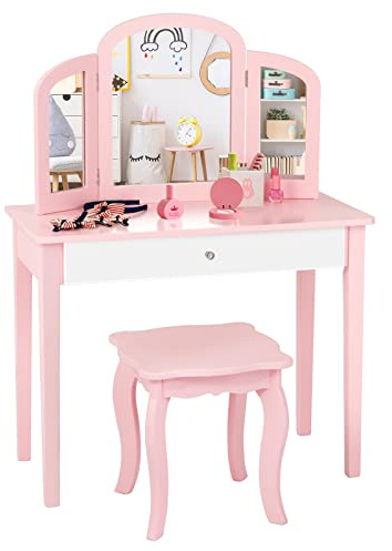 DREAMADE Coiffeuse pour Enfants avec 3 Miroirs Amovible et 1 Tiroir, Table de Maquillage pour Enfants avec Tabouret, Coiffeuse Princesse en MDF et Bois de Pin (Rose)