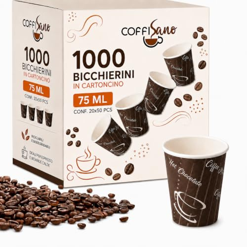 COFFISANO 1000 vasos de café de papel desechables, para oficina, bar, marrón, ecológico, compostable, vasos desechables para bebidas calientes, expreso, té, chocolate, 75 ml