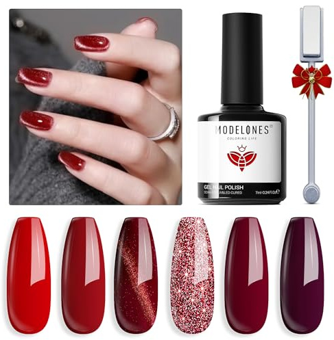 modelones UV Nagellack Rot, 6 Farben Cat Eye Rot Glitzer Burgunder Dunkel Gellack Nagellack mit Magnet, Gel Polish Set Gelnägel Set Soak Off Manicure Nail Art Salon DIY