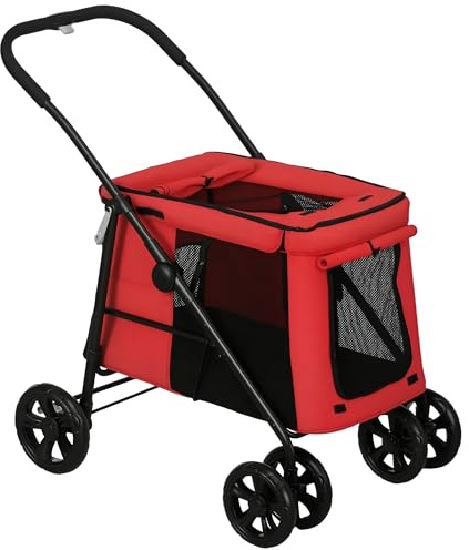 PawHut Poussette chien poussette pour chien pliable coussin inclus roues avec frein tissu 600D Oxford acier pour animaux moins de 20 kg, 102 x 62 x 105 cm, rouge