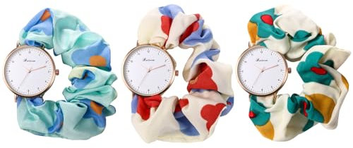 JewelryWe Damenuhr Elastisch Haarband Uhr: 3pcs Set Damen Blumen Floral Analog Quarz Armbanduhr Multifunktionale Lässige Uhr mit Haargummi Stretch Armband Geschenk für Frau Mädchen