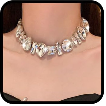 Fashband Halskette mit Kristallen, Choker-Halskette, silberfarben, Strasssteine, glitzernder Halsschmuck für Damen (C)