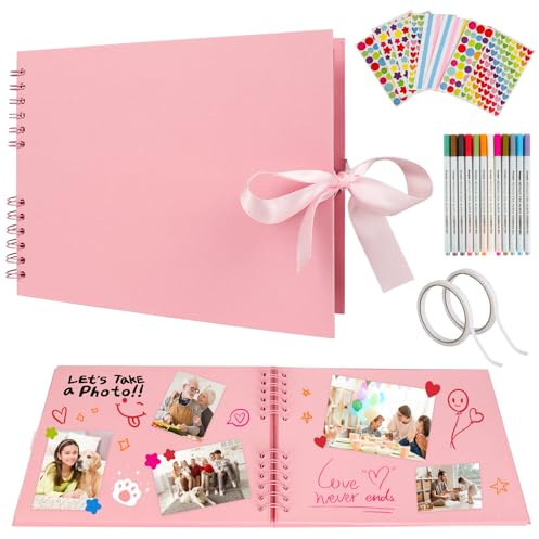 Scrapbook Photo Album, Photo Handmade DIY Album Memory Book 80 Pages A4 Craft Paper with 12 Metallic Marker Pens Scrapbook Kit for Family Wedding Memory Recording Baby Gift Pink