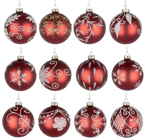 12Pcs/80mm Glass Baubles Christmas Tree Balls Spheres Hanging Ornaments Set Assorted Designs Xmas Tree Decorations, Red Designed