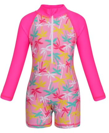 AmzBarley Swimming Costume Girls Swimsuit Little Child Long Sleeve Rash Guard Kids One-Piece Swimwear Beach Holiday Bathing Suit Rose Age 5-6 Years Size 120