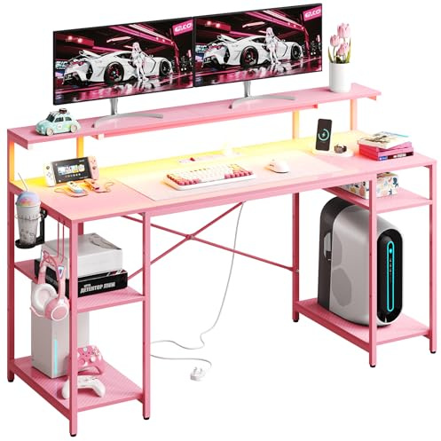 Bestier 140 CM Computer Desk with Power Outlets & LED Lights with Monitor Shelf Gaming Desk with Shelves Writing Desk with Storage Office Desk &Workstation for Home Office Bedroom