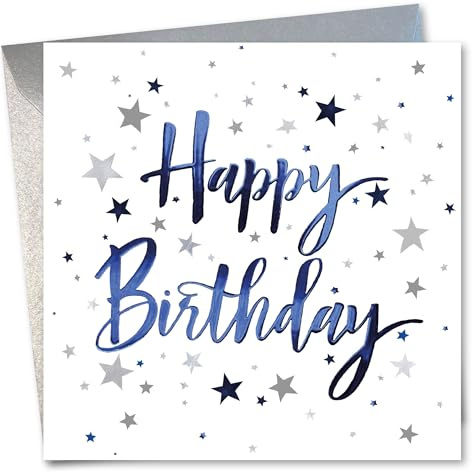 Birthday Card. Stars Design, with Blue foil. 150x150mm supplied with Envelope. Eco-friendly. Message inside. Made in Britain.