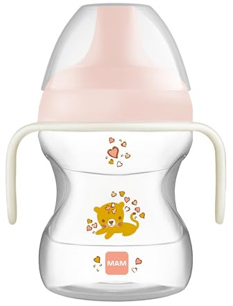 MAM Taza para aprender beber | Vaso de bebida para niños pequeños de 190 ml con asas de biberón que brillan en la oscuridad | para alimentar y aprender a beber | Rosa (varios diseños)
