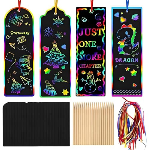 Rainbow Scratch Art, 48Pcs Scratch Bookmarks, Animal Craft DIY Scratchs Paper Art Tags with for Classroom Birthday Party Craft Gift Christmas Accessories