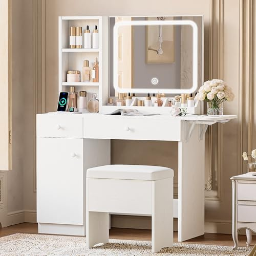 IRONCK Vanity Desk Set with LED Mirror & Stool, Charging Station, White