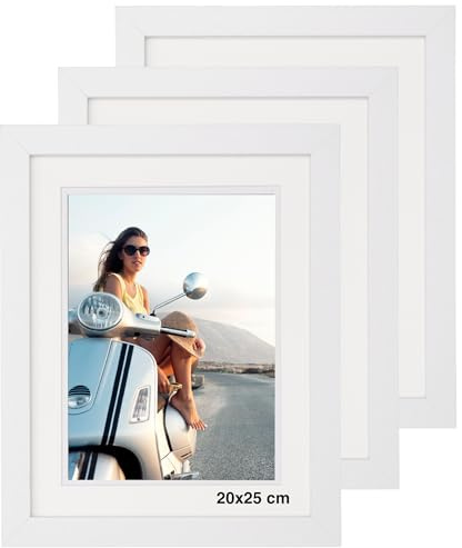 MARCOFOTO Marco de Fotos para Pared - Set de 3 Portafotos MDF con Cristal e Incluye Paspartú, uso Vertical u Horizontal - Decoración Hogar u Oficina, Diplomas - Color Blanco 20x25 cm