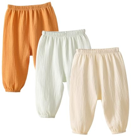 ACMEDE Set di 3 pantaloni da bambino in chiffon di cotone casual 3 mesi - 3 anni, pantaloni a sbuffo in garza di cotone ragazza abbigliamento estivo pantaloni da jogging taglio sciolto, Pacchetti da 3