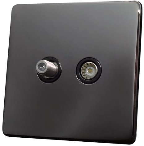 Discount Electrix Isolated Sky Satellite and TV Coaxial Aerial Socket Black Nickel Screwless Flat Plate Design with Black Insert