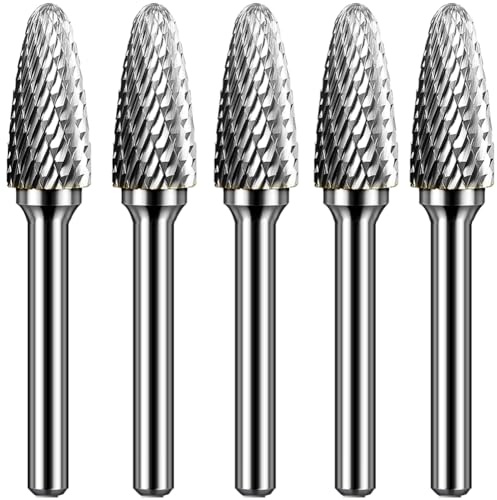 KOTVTM SF-5 Tungsten Carbide Burr Set Double Cut Rotary Burrs File(1/2” Cutter Dia X 1”Cutter Length) with 1/4'' (6.35mm) Shank for Die Grinder Drill Bits (Pack of 5)…