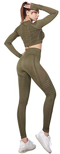 Jamron Donna Set di Abbigliamento Yoga Top Corto+Ghette 2 Pezzi Tuta Sportiva Palestra Fitness Activewear Verde Militare SN05405 S