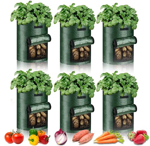 PfiHom Potato Grow Bags 10 Gallon-6 Packs, Growing Potatoes Tomato Carrot & Other Vegetable, Heavy Duty Thickened Garden Growing Bags with Window and Handles (Dark Green)