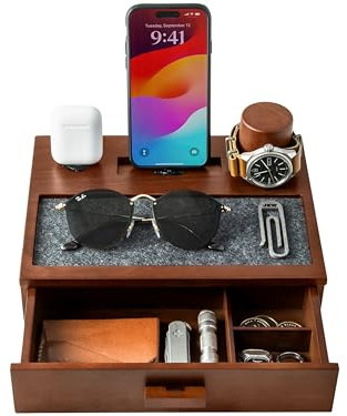 Holme & Hadfield Nachttisch-Organizer für Männer – Telefon-Dockingstation aus Holz zum Aufladen Ihres Telefons und Ihrer Ohrhörer – Ladestation aus Holz mit gefüttertem Tablett und Schublade