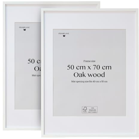 Framelane Set di 2 cornici in rovere bianco con vetro acrilico antigraffio e passepartout, cornice quadro 50x70 verticale o orizzontale per decorazione e foto