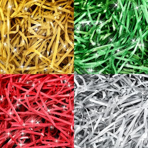 Candcamp 4 Pack Glitter Shredded Tissue for Hampers & Gift Boxes - 200 Grams Wrapping Paper Filler for Birthdays & Christmas