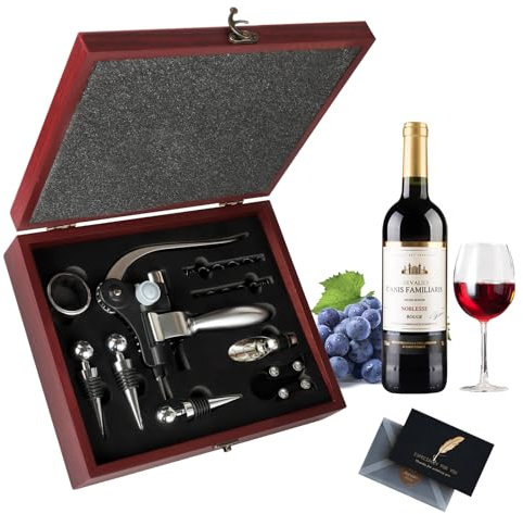 UCAMP Cavatappi,Set Apribottiglie,Set 11 Accessori per Vino da Sommelier,Apribottiglie Manuale,Scatola di Legno Accessori per Il Vino Set Regalo,Set di cavatappi per gli amanti del vino