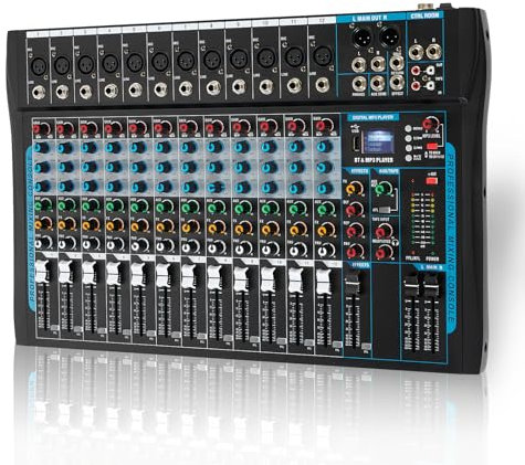SIKUING 12 Channel Audio Interfacer Sound Board Mixer DJ Mixer 16-Bit DSP Effect USB Audio Mixer +48V Phantom Power Bluetooth Mixer for Karaoke Studio Streaming Recording,Live Streaming