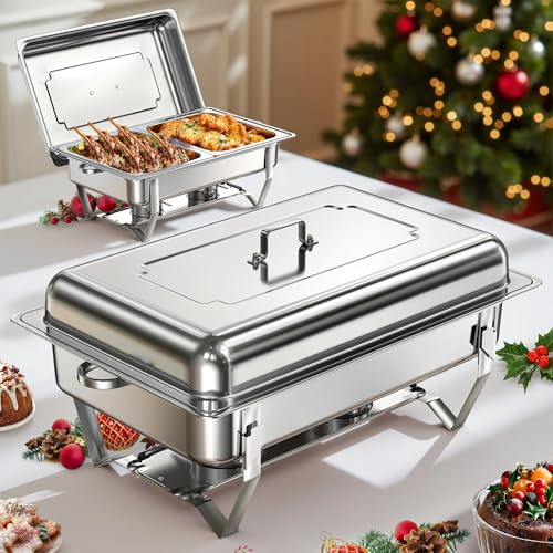 WARMOUNTS Rectangular Chafing Dishes for Buffet with Upgraded Multi-Size Food Pans (9QT, 2Pack), Large Chafing Dish Set w/Mirror-Polished Stainless Steel, Rolled Rim, Foldable Frame, for Parties