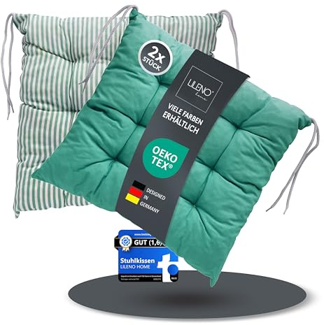 LILENO HOME 2er Set Wende Stuhlkissen Türkis-grün (40x40x6 cm) - Streifen Sitzkissen für Gartenstuhl, Küche oder Esszimmerstuhl - Indoor u. Outdoor Stuhlauflage als Stuhl Kissen (Linda FUM)