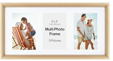 6x4 Multi Aperture V Shape Photo Frame, Holds 3 6x4 Photos or Pictures, Natural Wood Effect Multi Picture Frame, Plexi Glass, Wall Mounted Landscape or Portrait