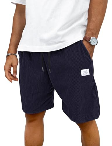 TARAINYA Velours Côtelé Short Homme Coton Stretch Cordon de Serrage été Casual Chino Corduroy Shorts Court Homme avec Poches Bleu Marine 4XL