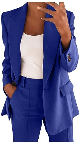 Générique Femme Tailleur Pantalon Chic et Elegant Slim Fit Blazer Veste Formel Bureau Travail Pantalon Costumes Manteau Ensemble Col Revers Couleur Unie Veste Manteau Pantalon 2 Pièces Bleu