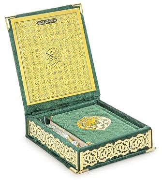 ihvan online, The Holy Qur'an Set, caja de regalo de oración islámica con Corán cubierto de terciopelo de tamaño de bolsillo, Tesbih, tapa interior nombres de Alá (Asmaul Husna), 3 piezas para regalos