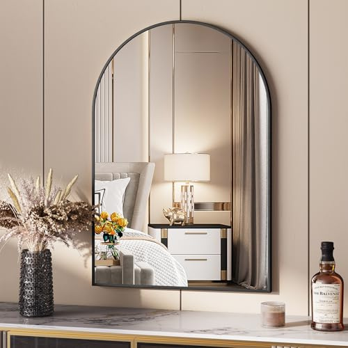 Clevich Wandspiegel 66x96cm, Badspiegel mit Aluminiumrahmen, Bogen Halbkreisförmig Schminkspiegel, Gehärtetes Glas, für Badezimmer Flur Wohnzimmer, Schlafzimmer, Schwarz