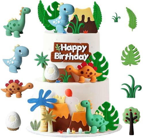 16PCS Luxury Little Dinosaur Cake Decorations, 3D Dinosaurs Cake Toppers For Kids, Cake Decorations With Happy Birthday Sign Cake Toppers For Safari Animal Themed Birthday Party Supplies