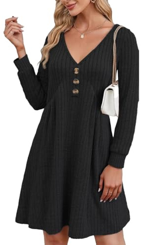 GRMLRPT Robe Femme Décontracté Robes Manches Longues Pull A-Line à Col V Tissu du Côtelé Pullover Chaud Casual Automne Hiver pour Bureau(Marron,XXL)