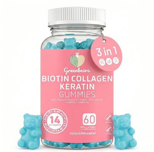 Green Bears Biotin Collagen Keratin Gummies – 14-in-1 Hair, Skin & Nails Vitamin Complex – High Strength Biotin 5000mcg, Collagen, Keratin – 60 Gummies