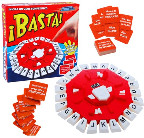 ¡BASTA! Juego de Mesa en Español, 2 Modos de Juego, Diseño Octogonal con 24 Letras, Juego de Palabras, Incluye 35 Cartas con 140 Categorías, Ideal para Niños y Adultos (Rojo y Blanco)