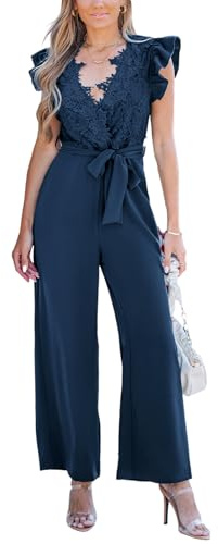 CUPSHE Combinaison maxi en dentelle avec col en V et poches à volants et ceinture pour femme