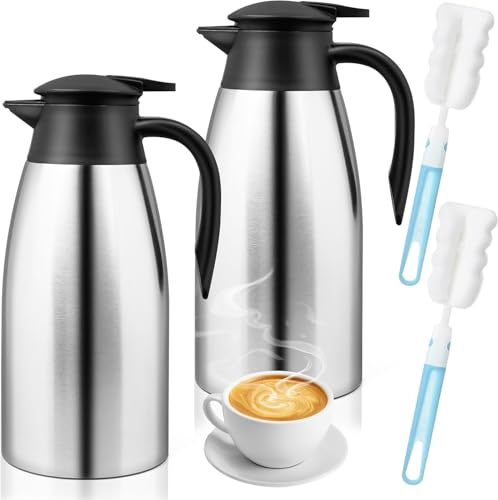 2 Stück 2 Liter Thermo-Kaffeekanne, 12 Stunden Heißgetränkespender, isolierte Edelstahl-Thermoskanne, Vakuum-Thermokanne mit Bürsten für heißes Wasser, Tee und Kaffee