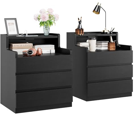 Rresyet Nightstand Set of 2, 26.8 Modern Black End Tables with Drawers & Built-in Charging Station for Bedroom, Upgraded Storage, Handle-Free Design
