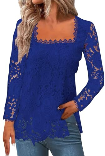 Blusas De Mujer Elegantes De Fiesta, Camisas Mujer Manga Larga Tallas Grandes Invitada Encaje Gala Vieja Salir Noche Largo Brillante Transparente Carnaval Ropa 2#Azul 4XL